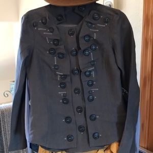 ANTHRO BUTTON DOWN SHIRT. AWESOME MILITARY STYLE LINEN WITH BUTTON TRIM VTG SZ S